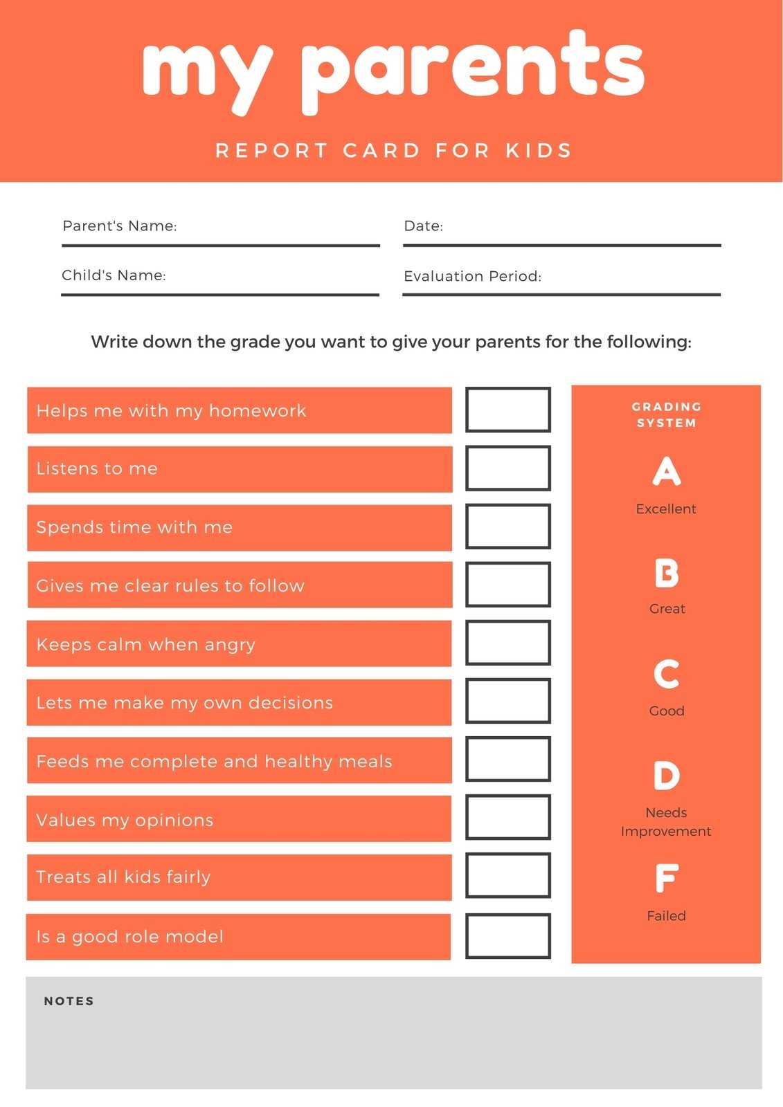 Orange Boxes Parent Report Card - Templatescanva With Regard To Boyfriend Report Card Template