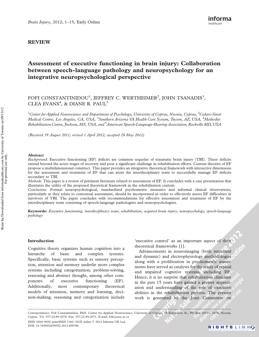 Pdf) Assessment Of Executive Functioning In Brain Injury In Speech And Language Report Template