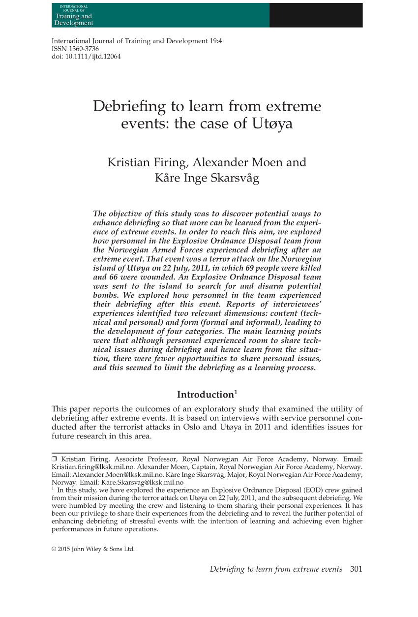 Pdf) Debriefing To Learn From Extreme Events: The Case Of Utøya For Event Debrief Report Template