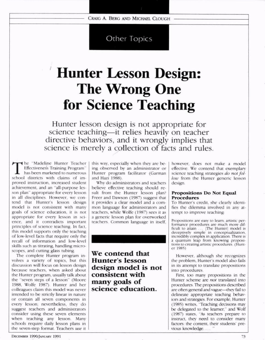 Pdf) Hunter Lesson Design: The Wrong One For Science Teaching Intended For Madeline Hunter Lesson Plan Template Word