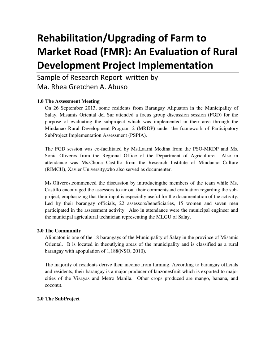 Pdf) Rehabilitation/upgrading Of Farm To Market Road (Fmr Intended For Focus Group Discussion Report Template