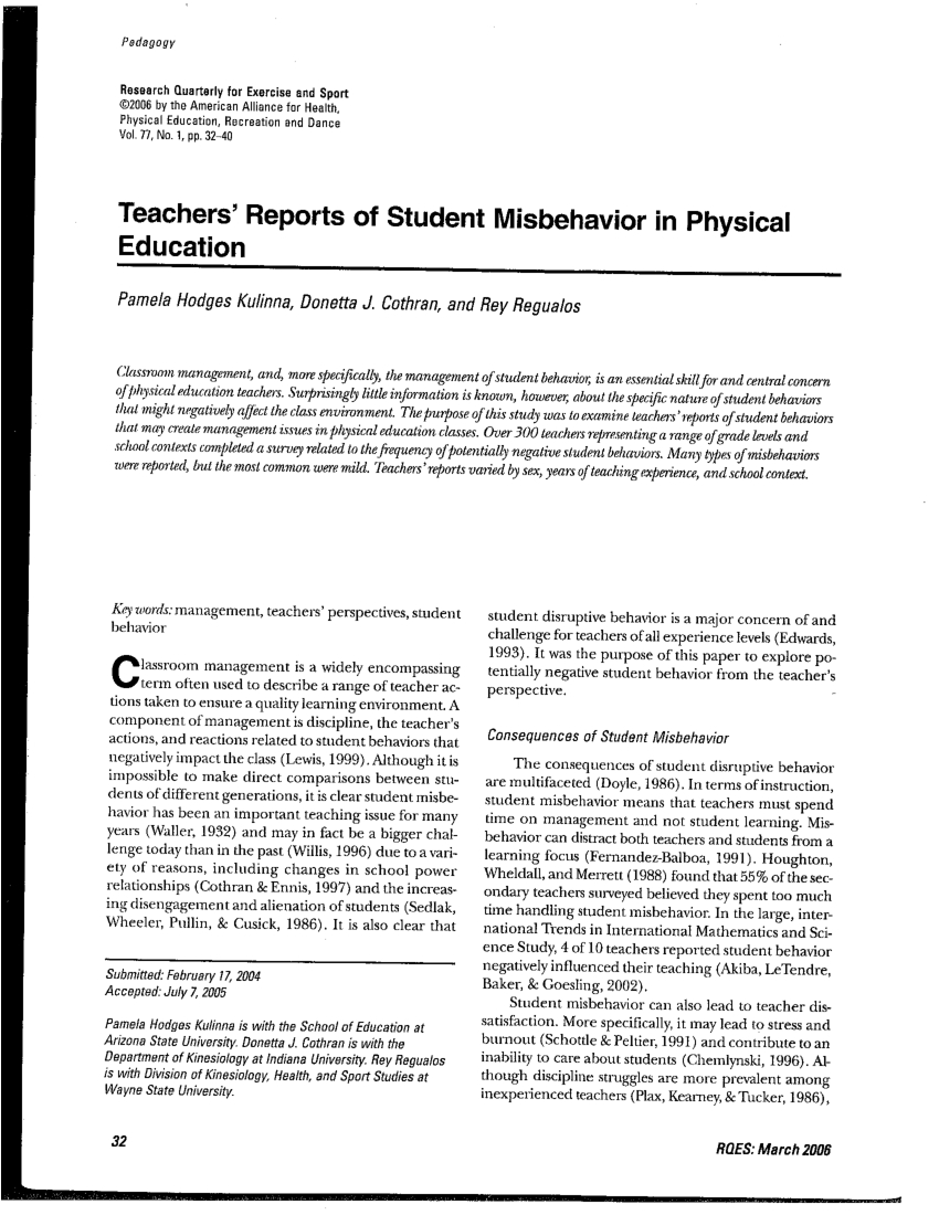 Pdf) Teachers' Reports Of Student Misbehavior In Physical With Pupil Report Template
