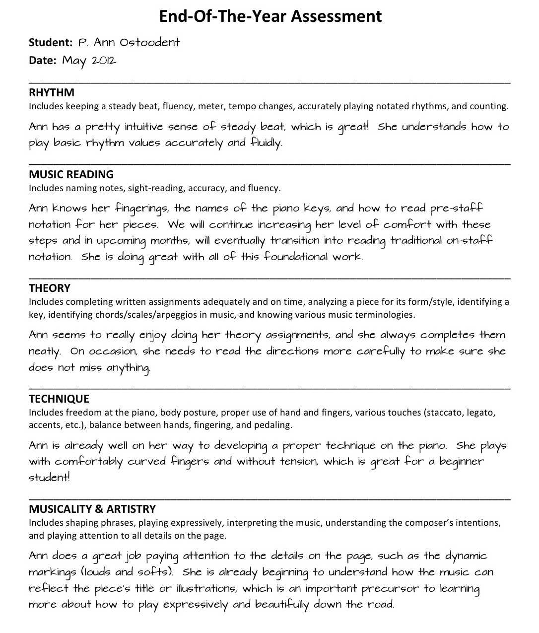 Piano Student End Of The Year Evaluations – Color In My Piano In Pupil Report Template