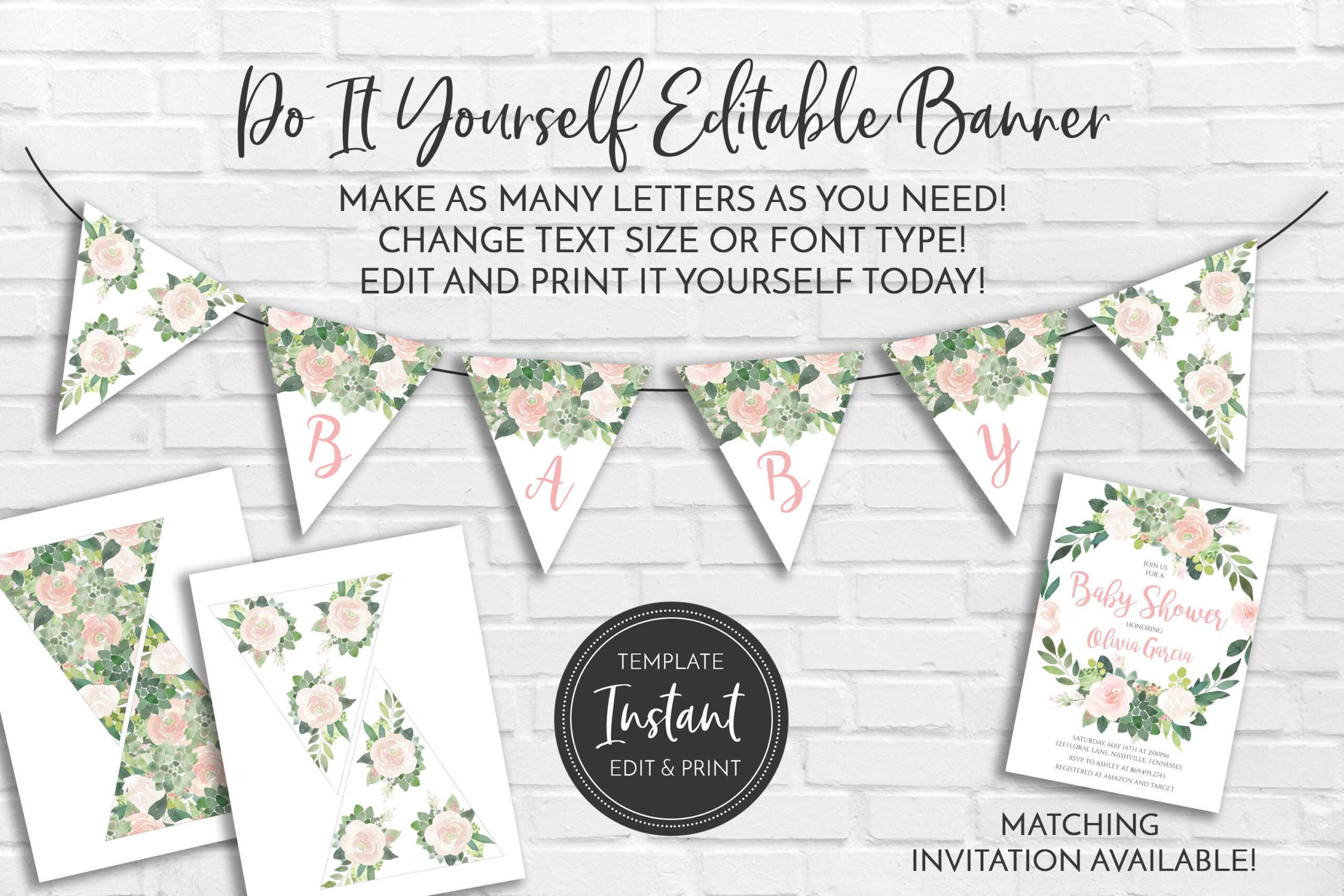 Pink Blush Green Succulents Edit Yourself Diy Baby Shower Banner Boho  Digital Instant Download Editable Template Diy Printable, 121 For Diy Baby Shower Banner Template