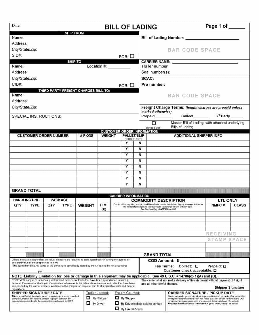 Printable Bill Of Lading - Dalep.midnightpig.co Throughout Blank Bol Template