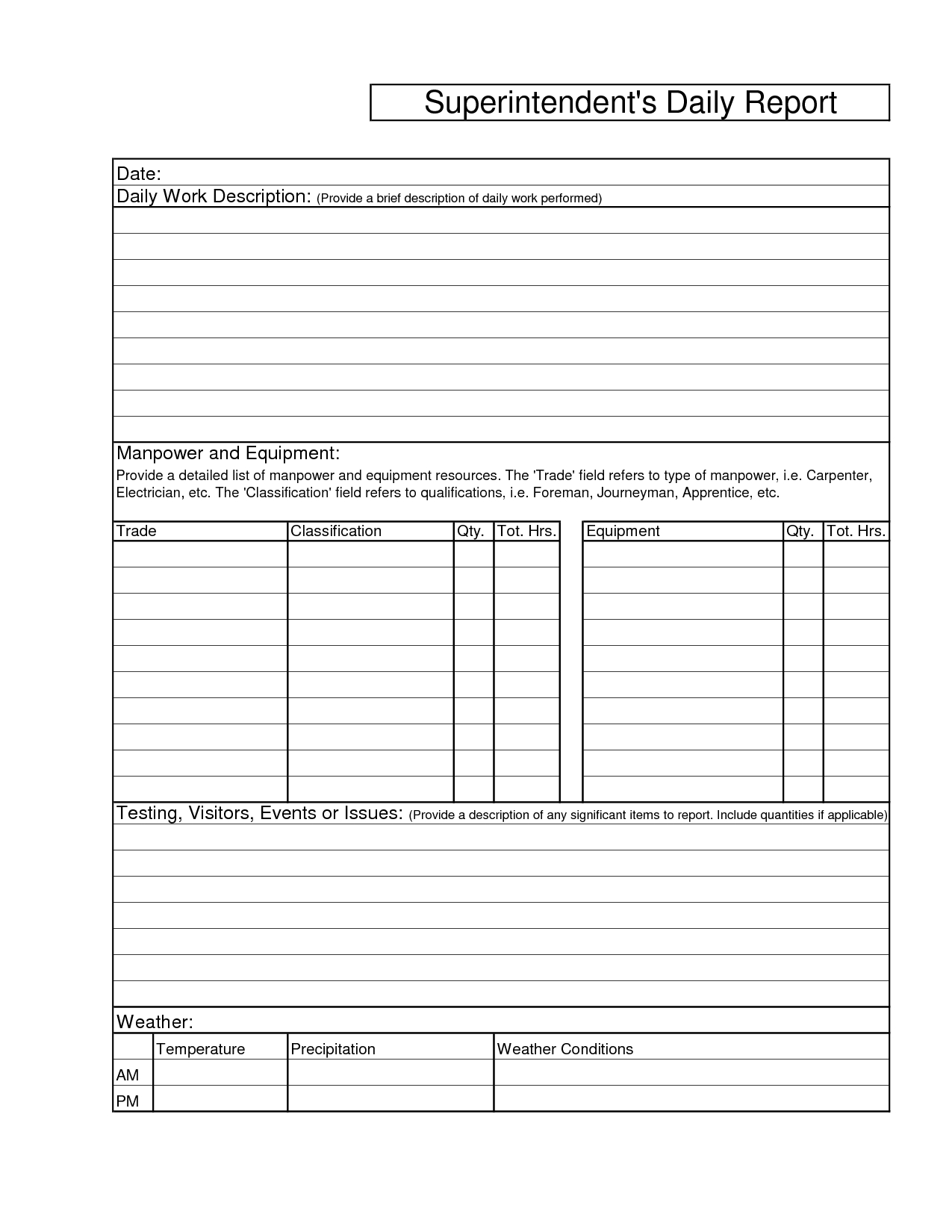 Printable Blank Superintendents Daily Report Sample And Regarding Free Construction Daily Report Template