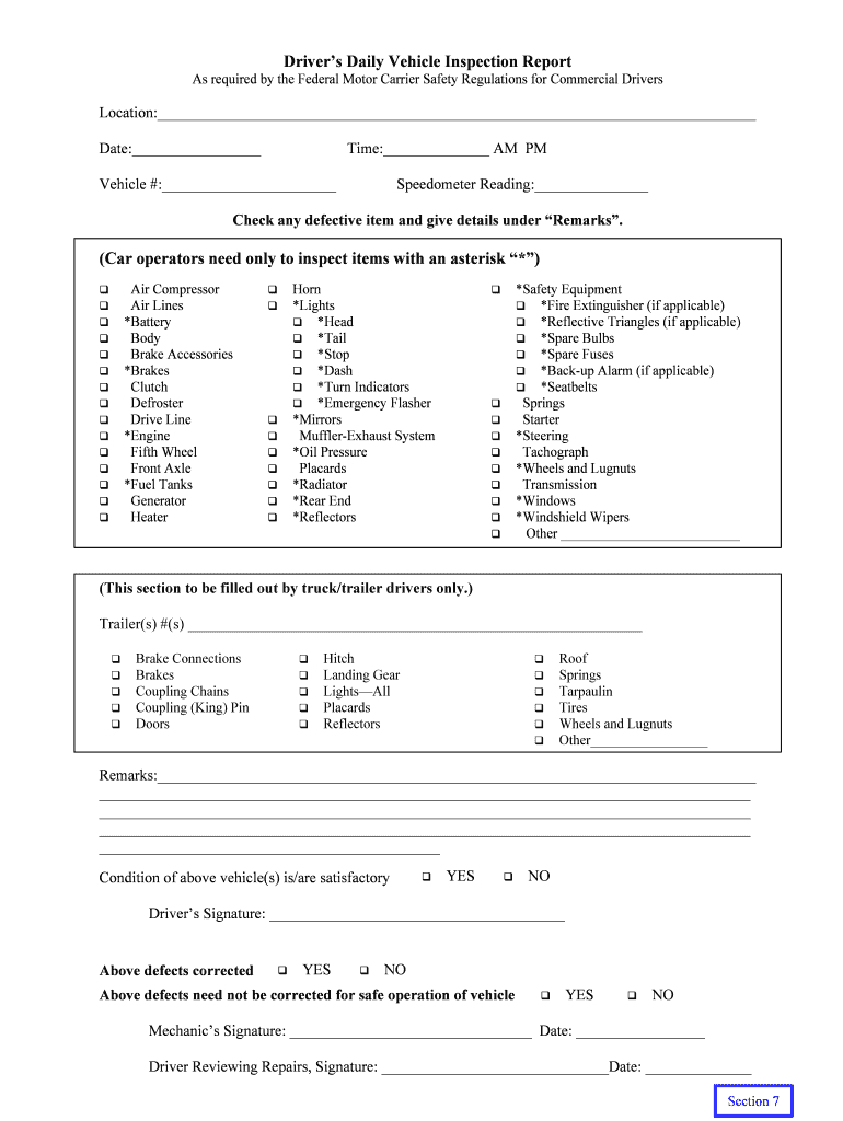Printable Driver Vehicle Inspection Report Form – Fill Intended For Daily Inspection Report Template
