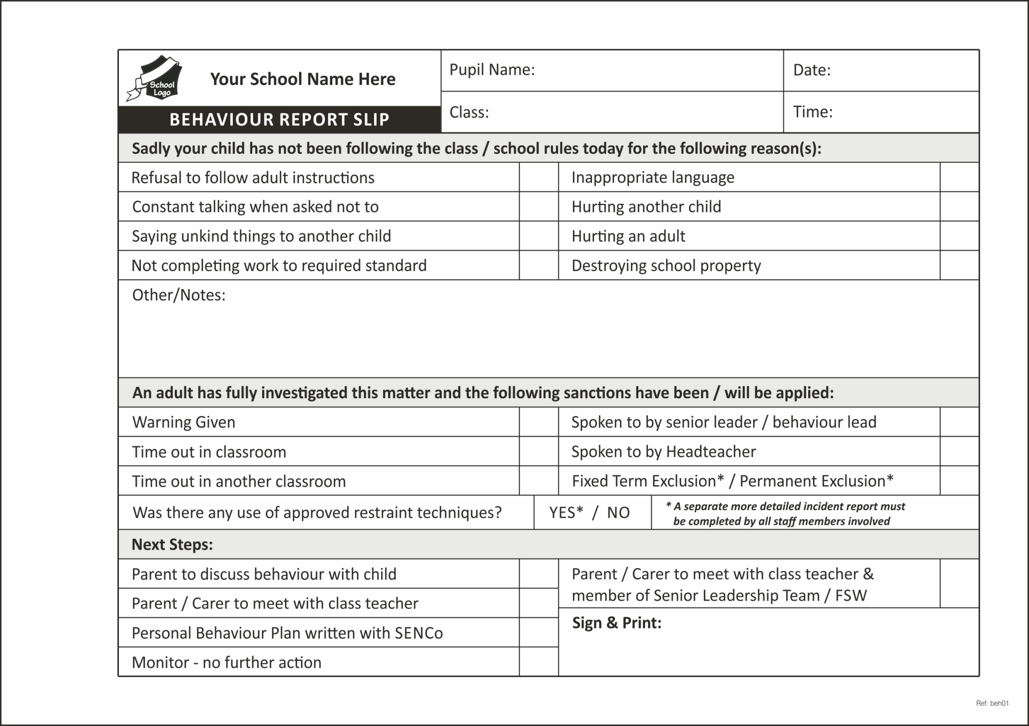 Pupil Behaviour Record Form Books For Schools – Primary With Behaviour Report Template