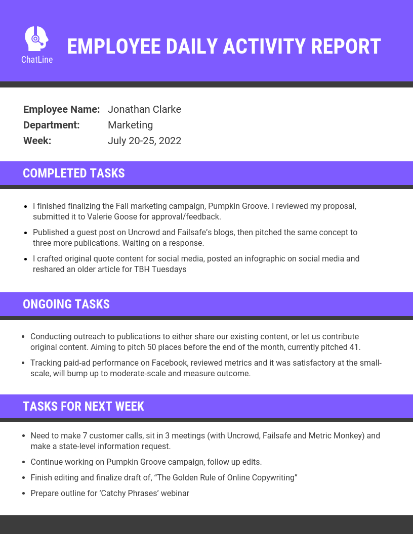 Purple Employee Daily Activity Report Template Within Daily Activity Report Template
