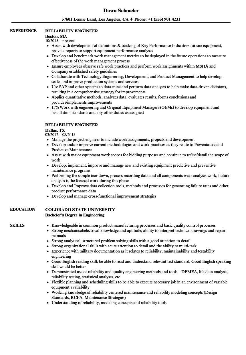 Reliability Engineer Resume Samples | Velvet Jobs With Reliability Report Template