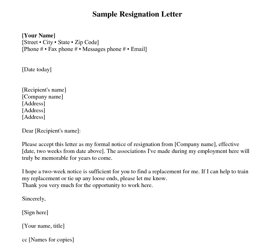 Sample Resignation Letter 2 Weeks Notice – Every Last For Two Week Notice Template Word