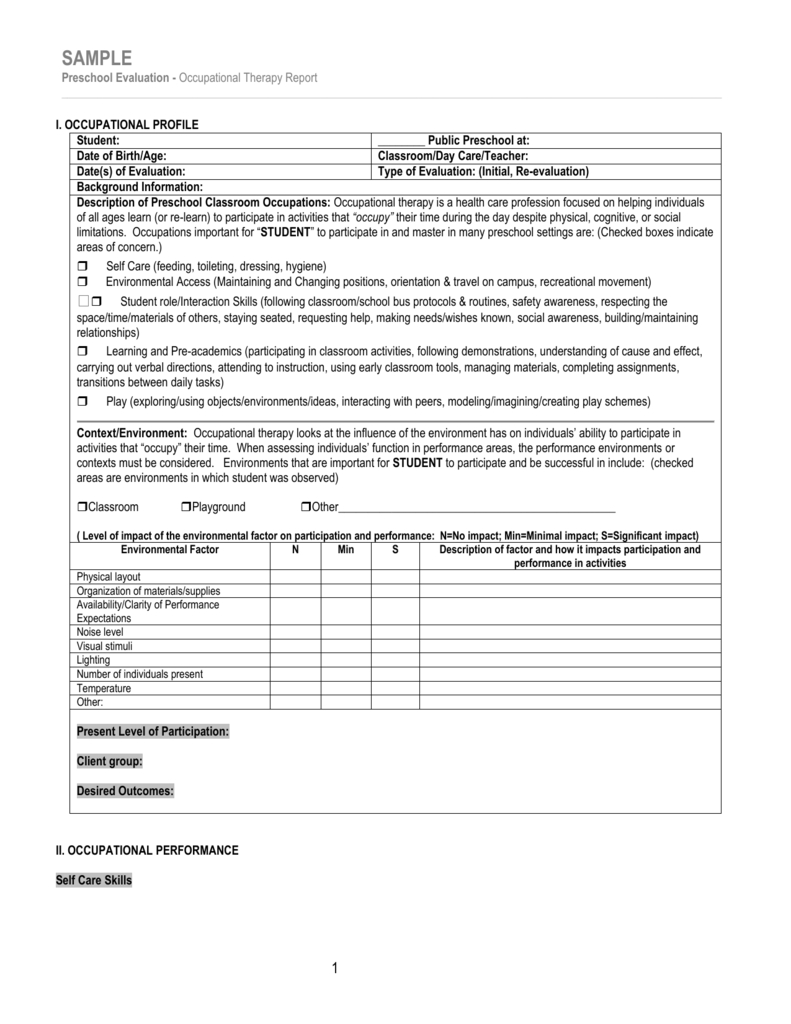 Sample/template For Occupational Therapy Preschool Evaluation Inside Template For Evaluation Report