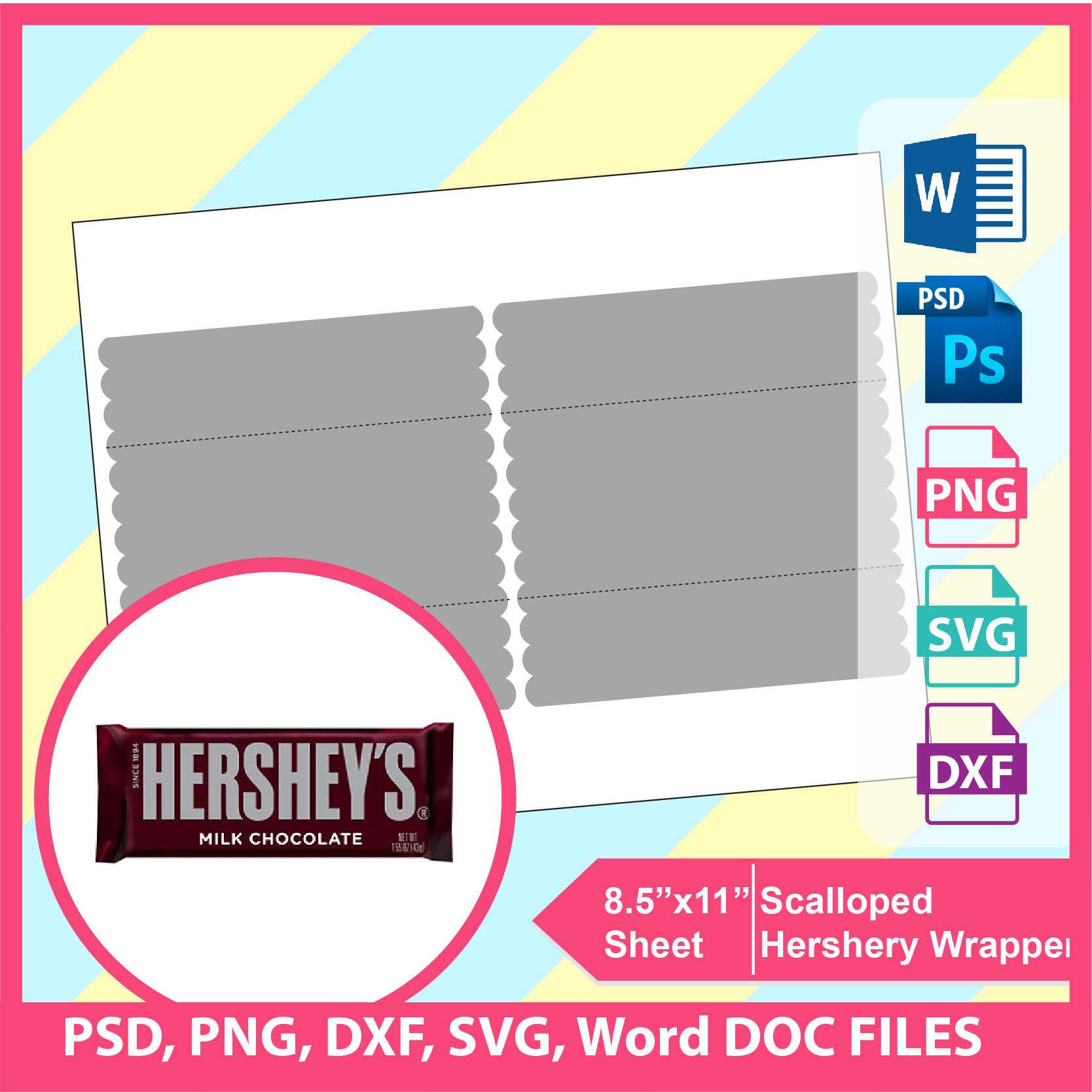 Scalloped Hershey Candy Bar Wrapper Template, Psd, Png And Svg, Dxf, Doc  Microsoft Word Formats, 8.5X11" Sheet, Printable 672 With Candy Bar Wrapper Template Microsoft Word