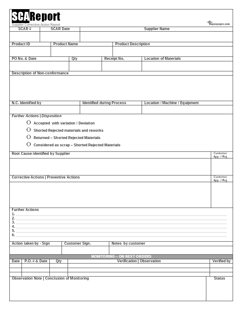 Scar (Supplier Corrective Action Report) – Capa - within Corrective Action Report Template Scar (Supplier Corrective Action Report) – Capa – Within Corrective Action Report Template