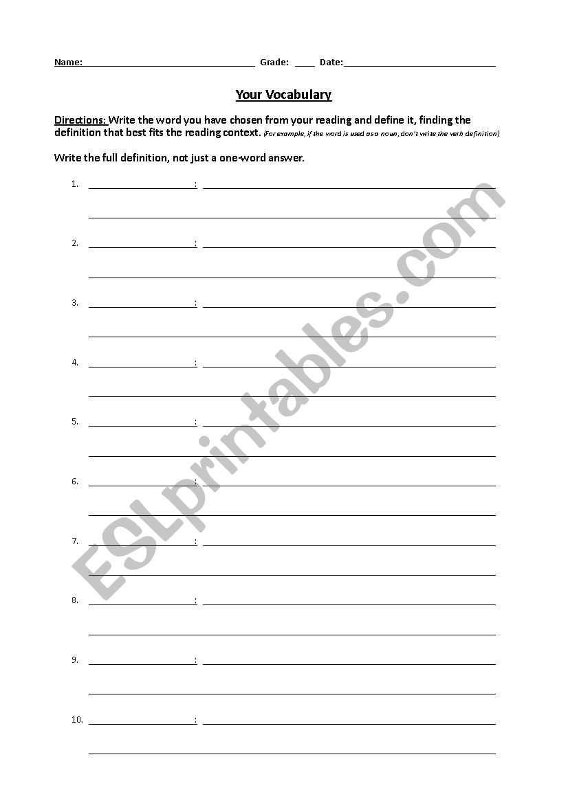 Self Created Vocabulary List, Template Form – Esl Worksheet Intended For Vocabulary Words Worksheet Template