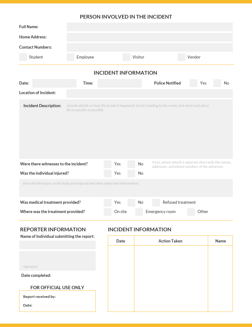 Simple Incident Report Template Inside Template For Information Report