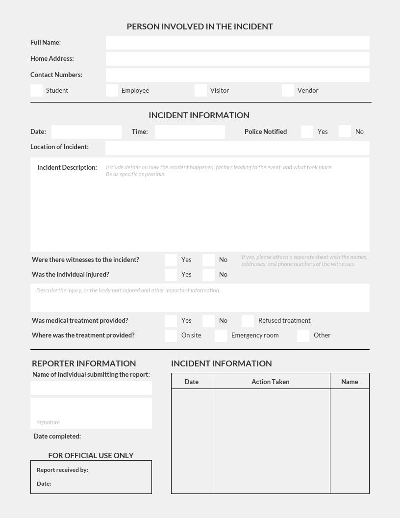 Simple Light Incident Report Template Pertaining To Template For Information Report