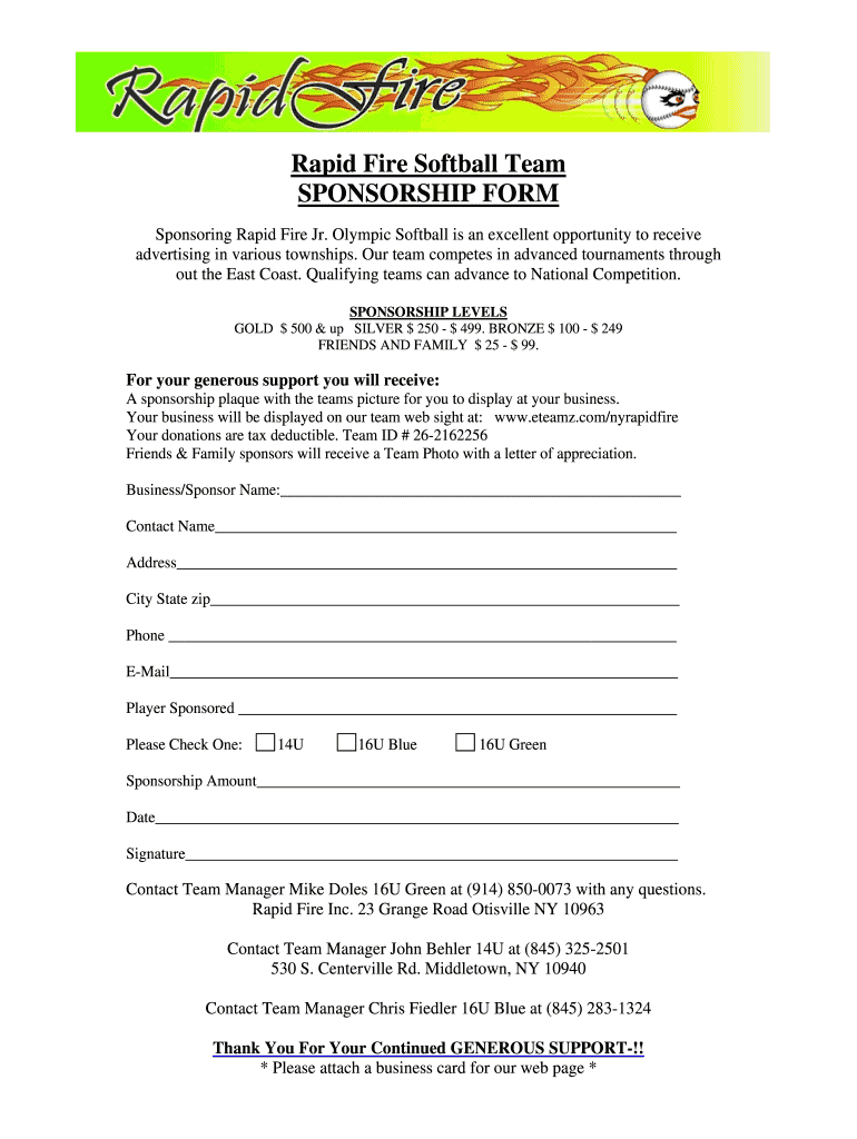 Softball Sponsorship Form – Fill Online, Printable, Fillable Intended For Blank Sponsor Form Template Free