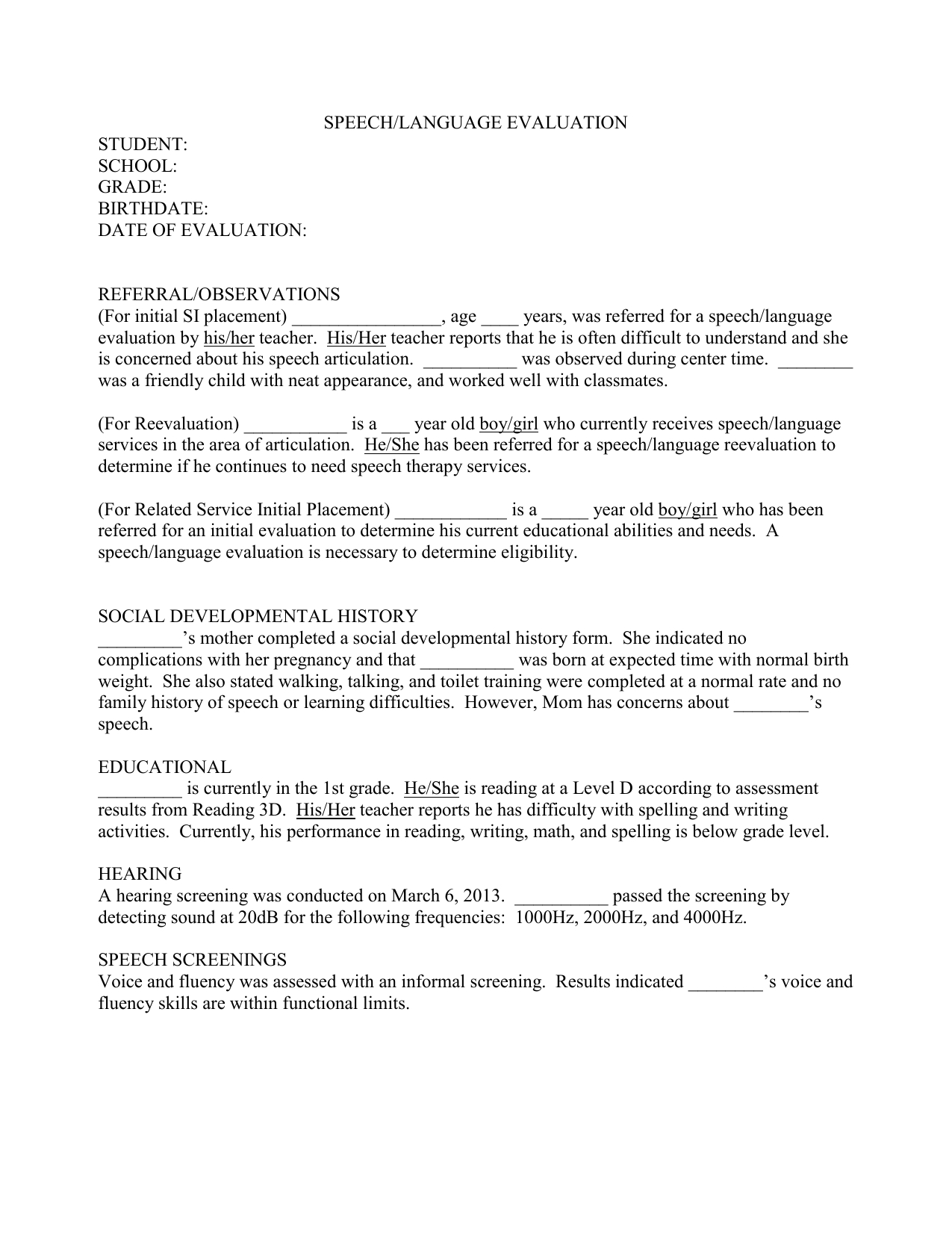 Speech Evaluation Report Template 21 With Speech And Language Report Template