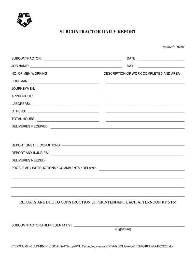 Subcontractor Daily Report - Fill Online, Printable Within Superintendent Daily Report Template