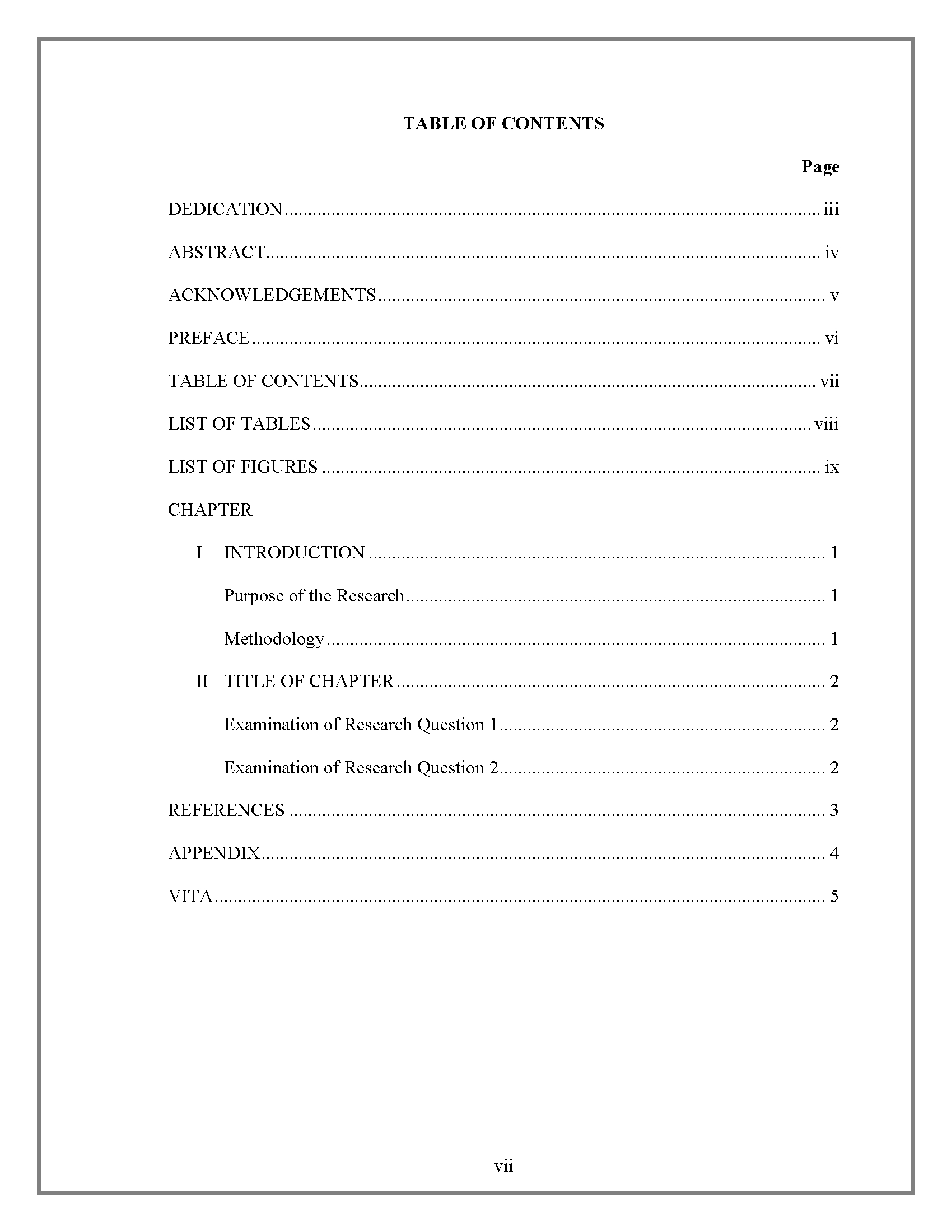 Table Of Contents - Thesis And Dissertation - Research With Report Content Page Template