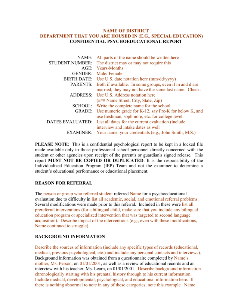 Template For A Bilingual Psychoeducational Report for School Psychologist Report Template Template For A Bilingual Psychoeducational Report For School Psychologist Report Template