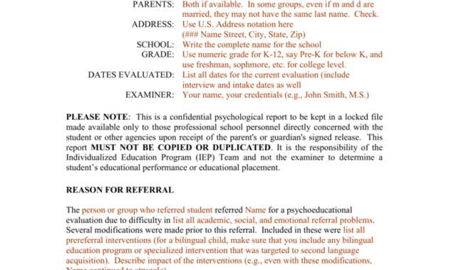 Template For A Bilingual Psychoeducational Report in Psychoeducational Report Template