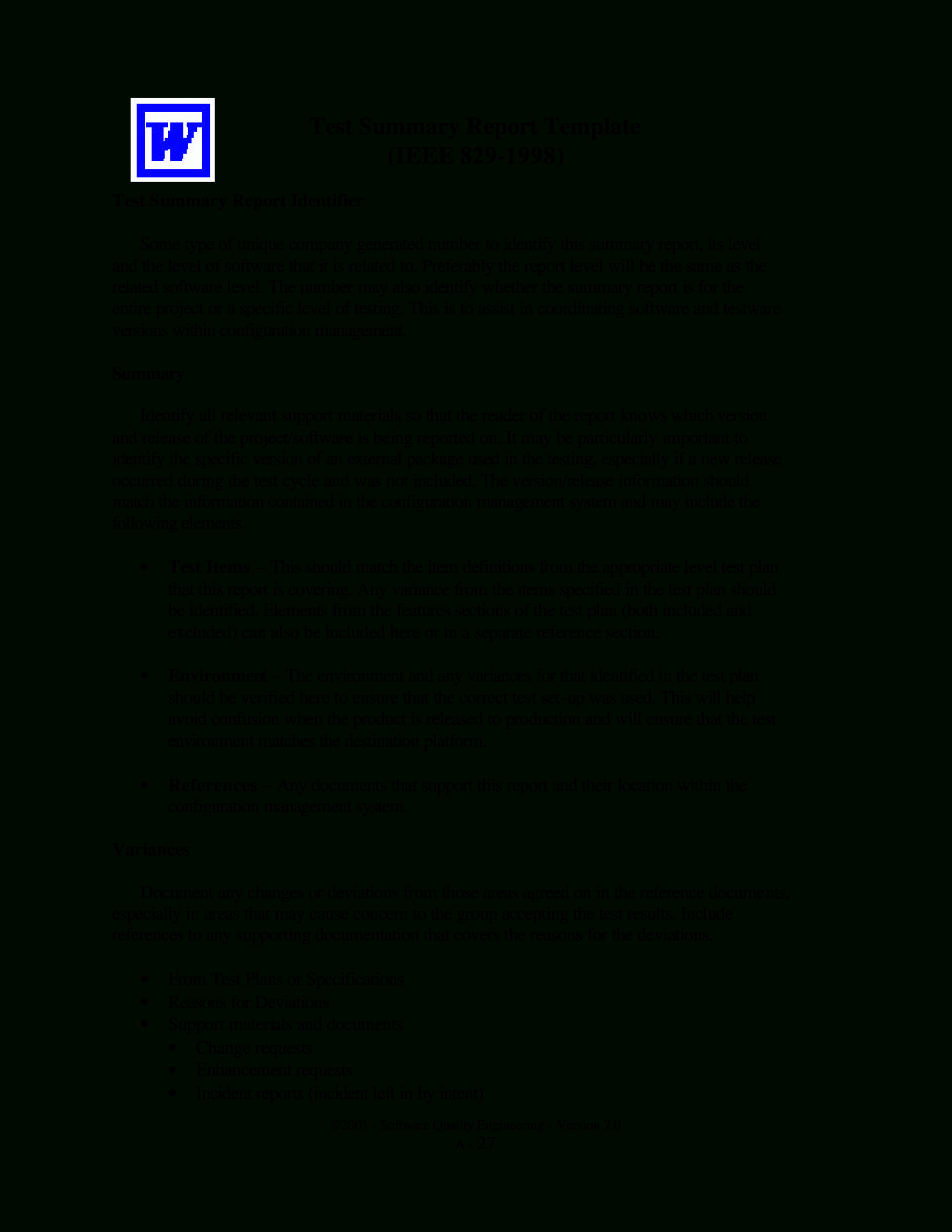 Test Summary Report | Templates At Allbusinesstemplates Within Section 7 Report Template