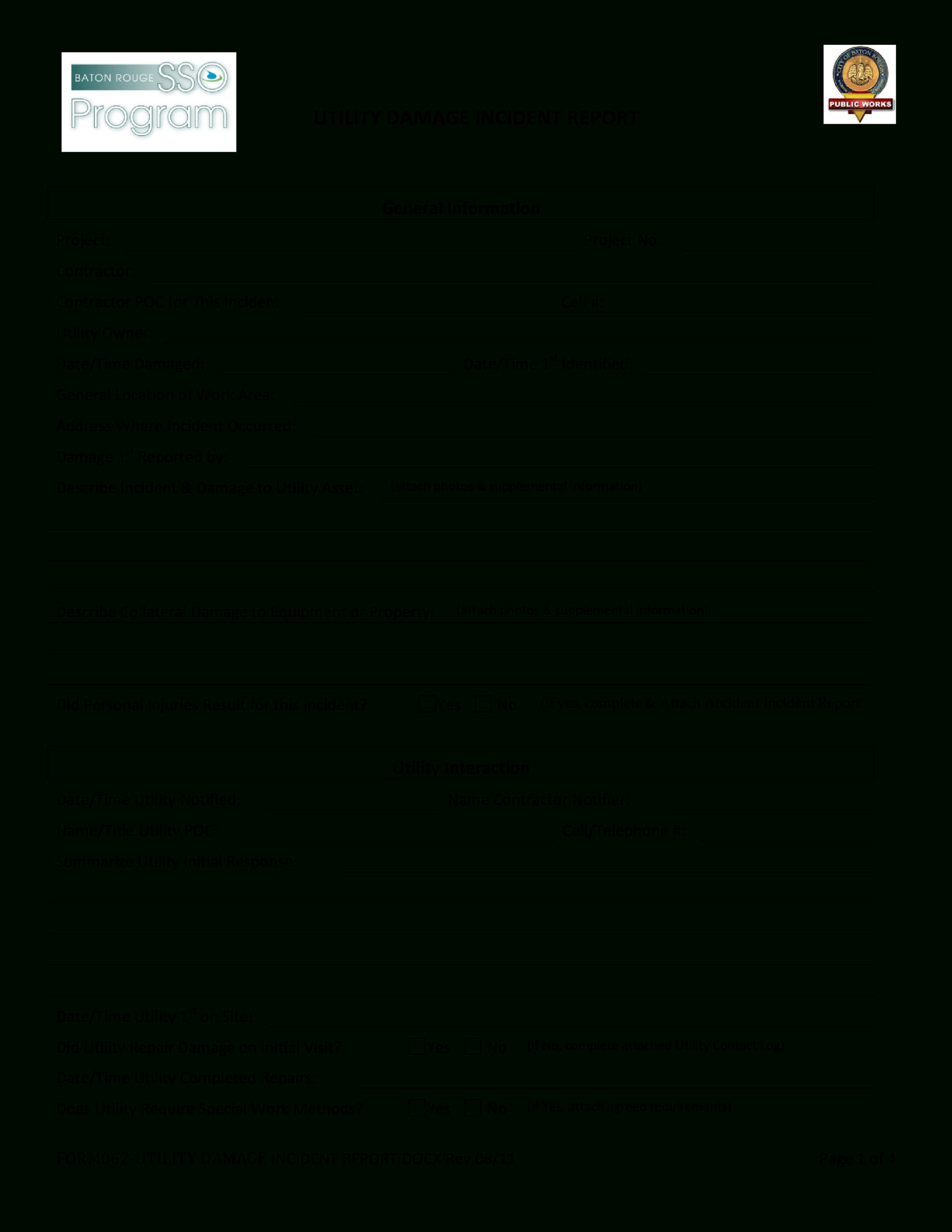 Utility Damage Incident Report Form | Templates At With Computer Incident Report Template