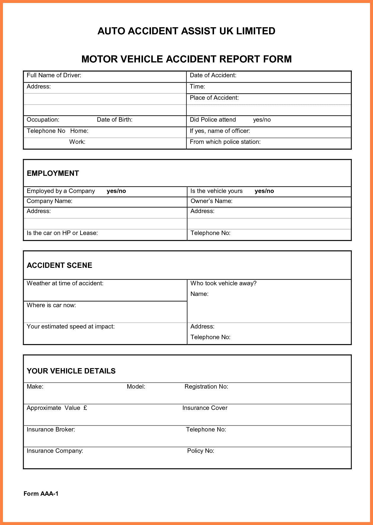 Vehicle Accident Report Form Template – Business Form Letter Intended For Accident Report Form Template Uk