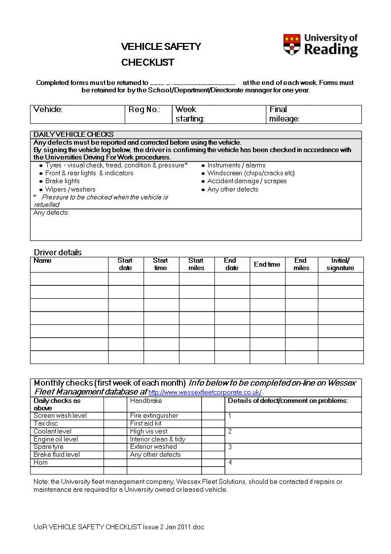 Vehicle Safety Checklist Word | Templates At Regarding Vehicle Checklist Template Word